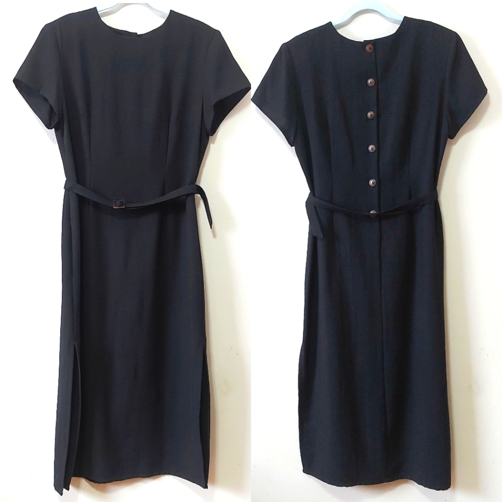 Vintage MJW Studio Midi Dress Size 16 Black Button Back Belted Career Wear